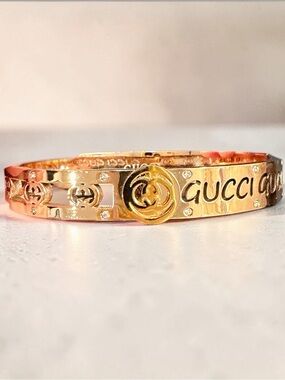 Stainless Steel Gold Tone Logo Crystal Cuff Bracelet Size 6.5- NEW